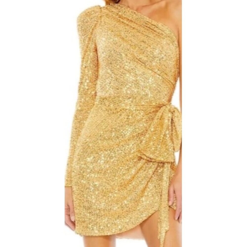 Mac Duggal Gold Sequined One Shoulder Draped Side Bow Mini Dress Size 2 - Picture 6 of 16
